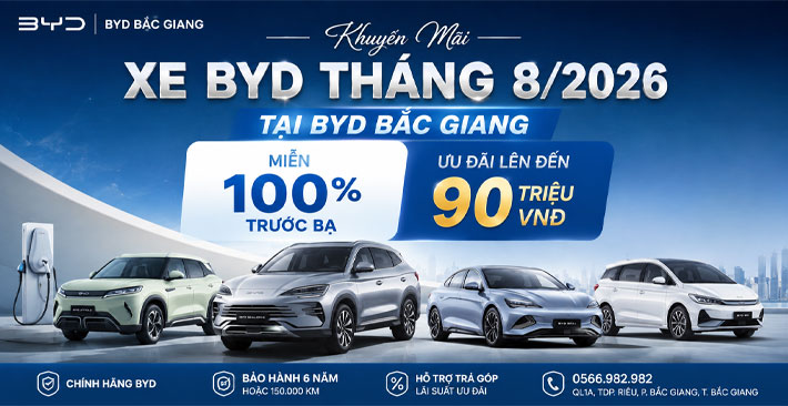 Khuyến Mãi Xe BYD Tháng 8/2026 Tại BYD Bắc Giang — Miễn 100% Trước Bạ, Ưu Đãi Lên Đến 90 Triệu VNĐ